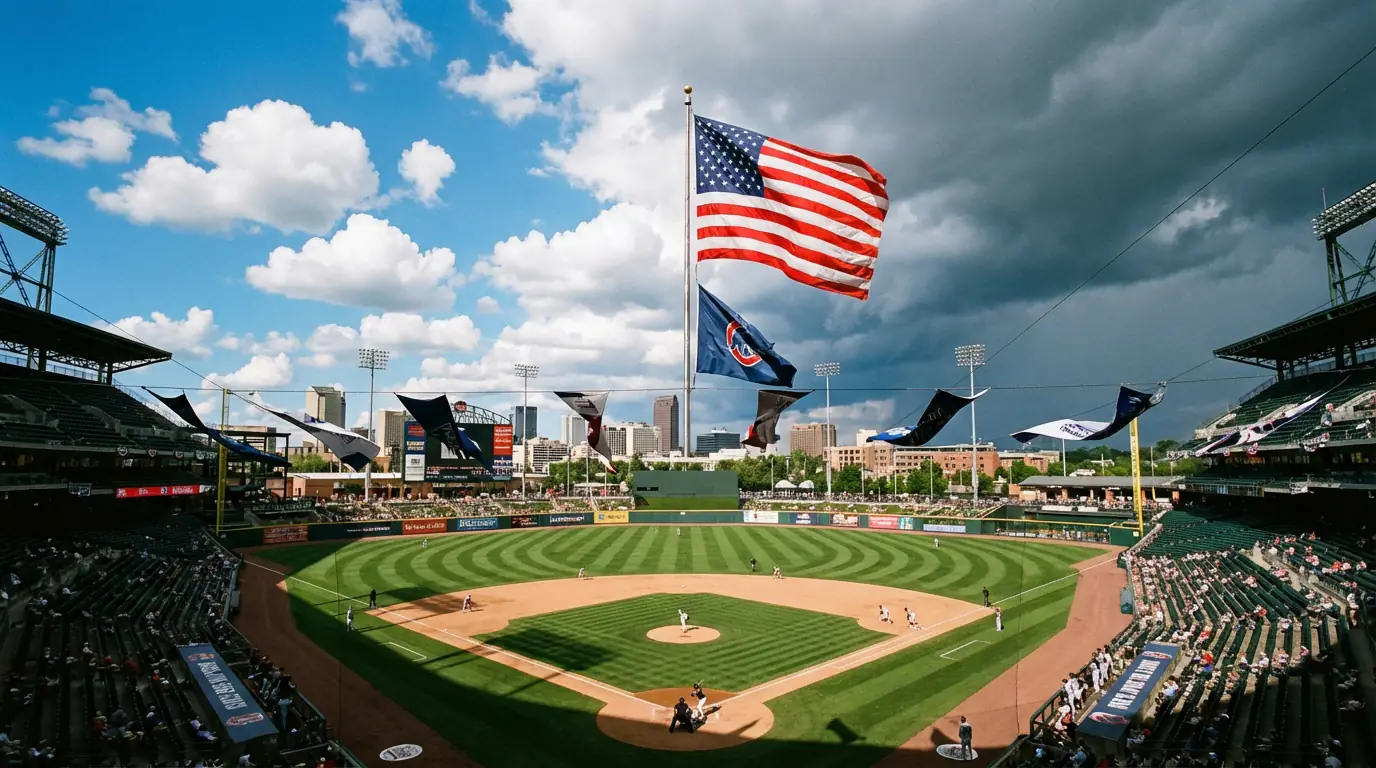 Estadio de béisbol al aire libre con condiciones climáticas que afectan las apuestas MLB